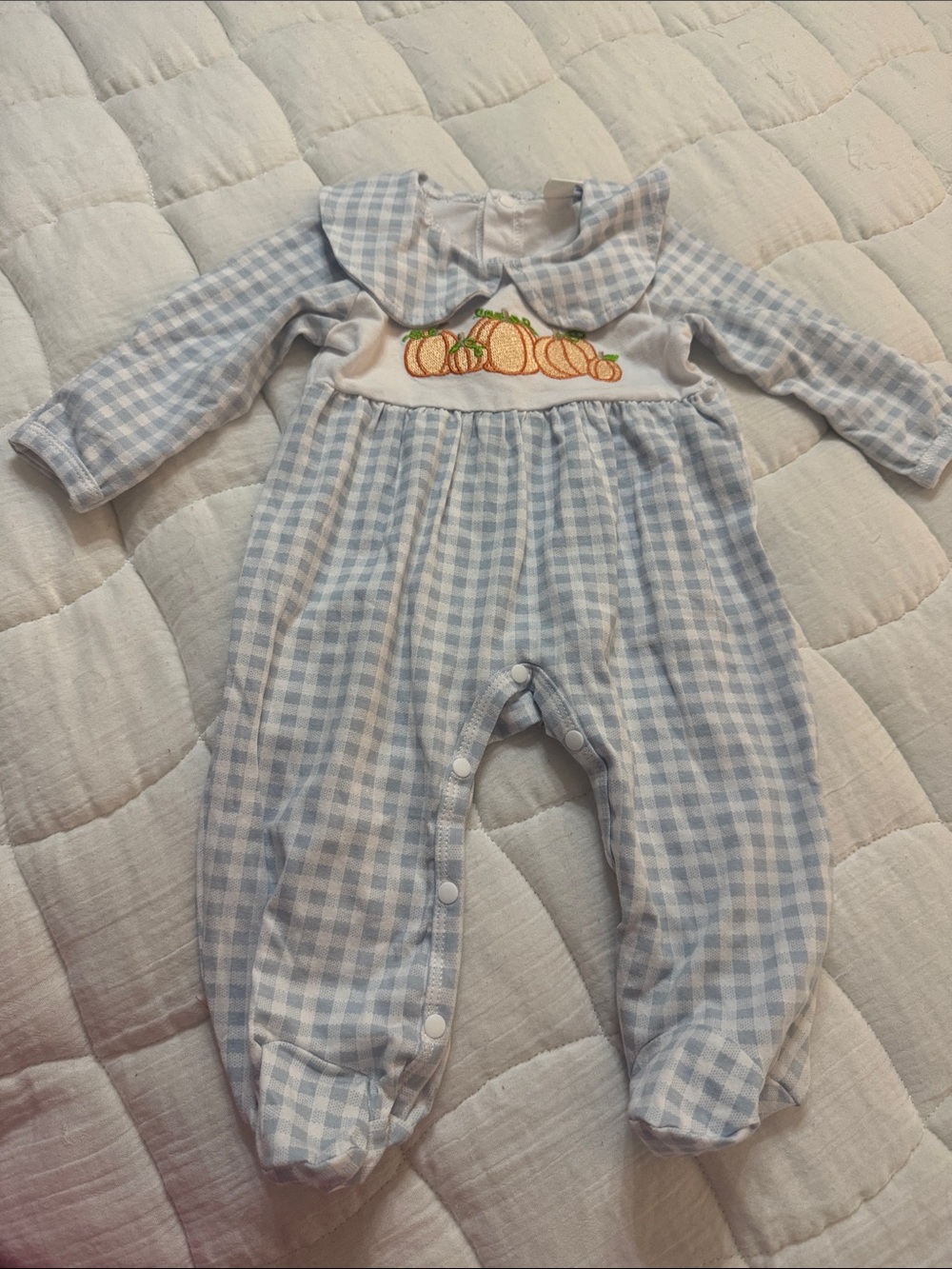Blue Gingham Pumpkin Appliqué Baby One-Piece footie